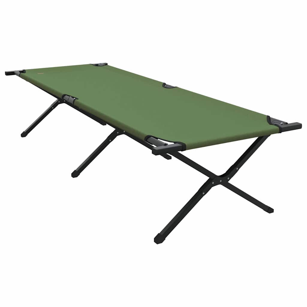 Zijaanzicht van het vidaXL opvouwbare campingbed in groen, met stevig stalen frame.