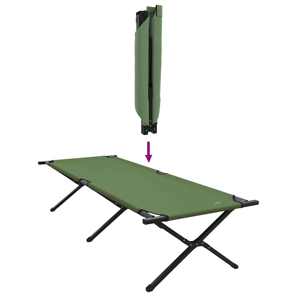 Detail van het vidaXL opvouwbare campingbed in groen, met ingeklapt frame en stevige stof.