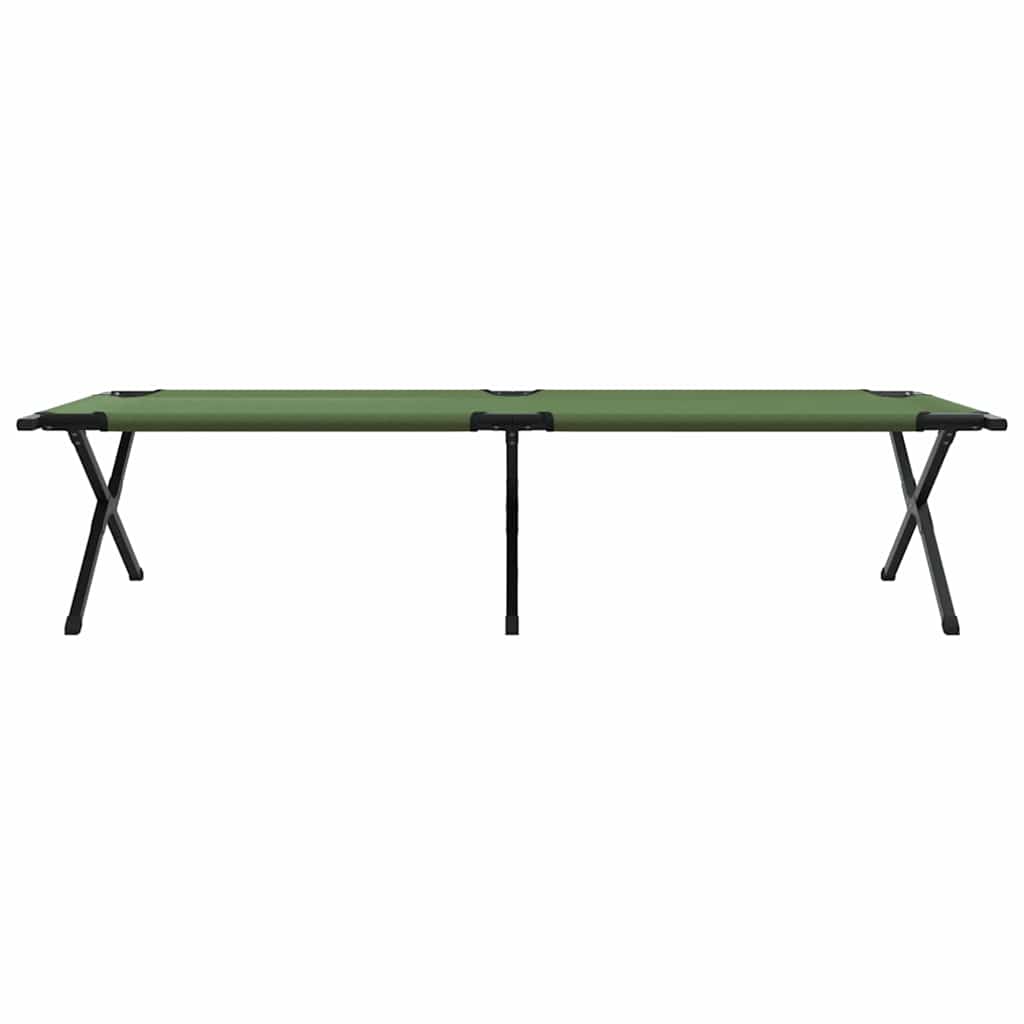 Zijaanzicht van het vidaXL opvouwbare campingbed in groen met een stevig stalen frame.