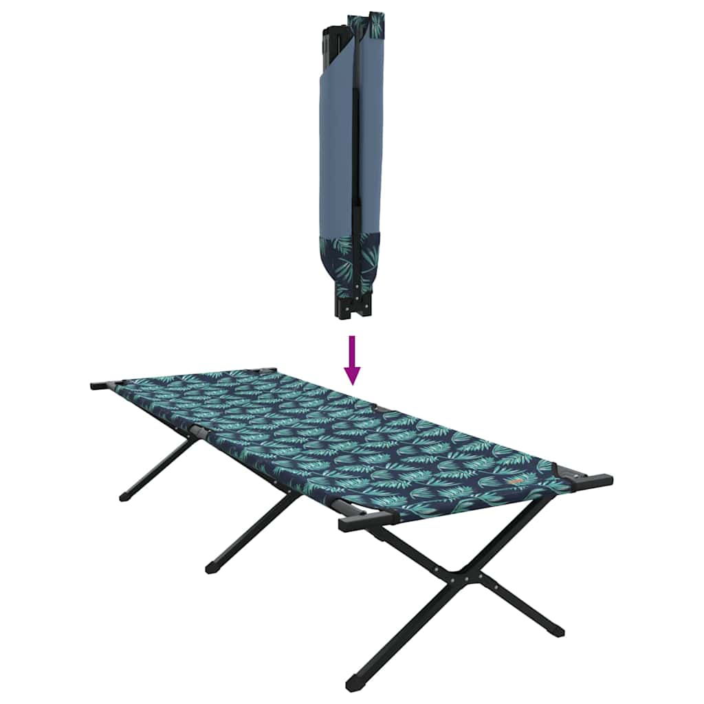 Detail van het opvouwbare vidaXL campingbed met bladerenpatroon en stalen frame.