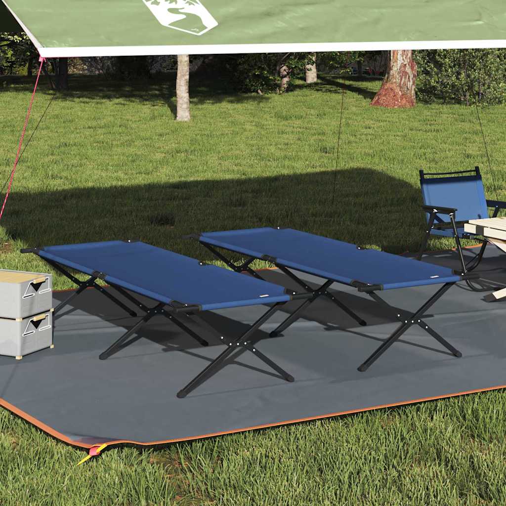 Opvouwbaar vidaXL camping bed in blauw, geplaatst onder een luifel op gras.