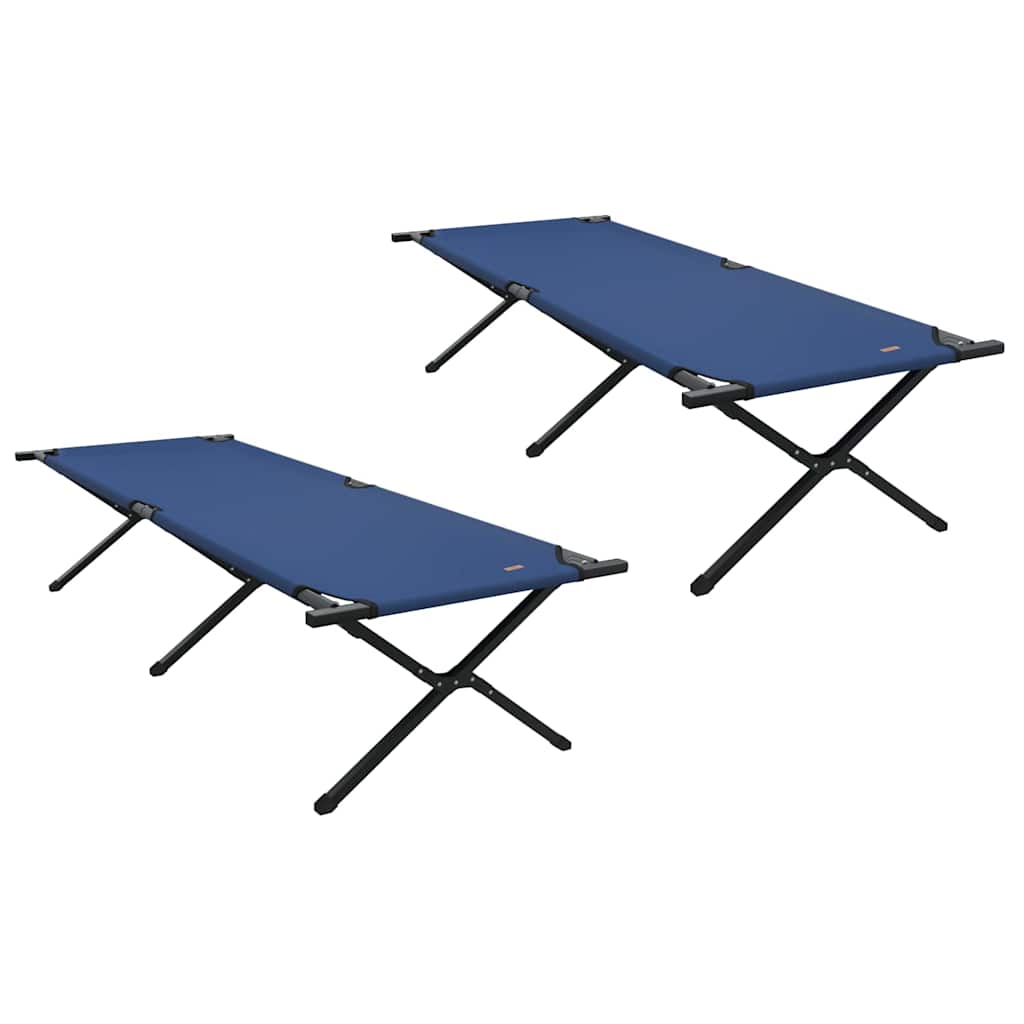 Detail van twee opvouwbare campingbedden van vidaXL in blauw, met stevige stalen frames.