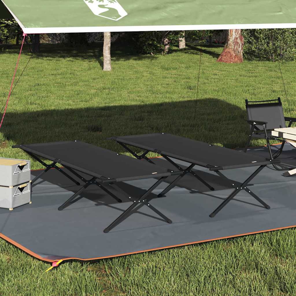 Opvouwbaar vidaXL camping bed in zwart Oxford stof, geplaatst onder een tent.