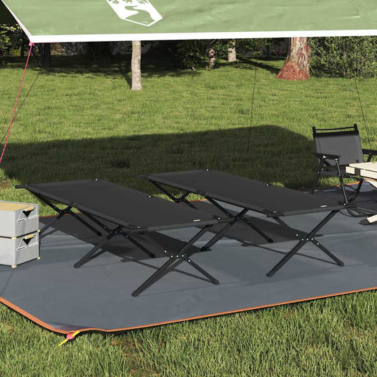 Opvouwbaar vidaXL camping bed in zwart Oxford stof, geplaatst onder een tent.