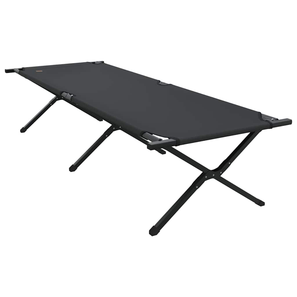 Zijaanzicht van het opvouwbare vidaXL campingbed in zwart Oxford stof.