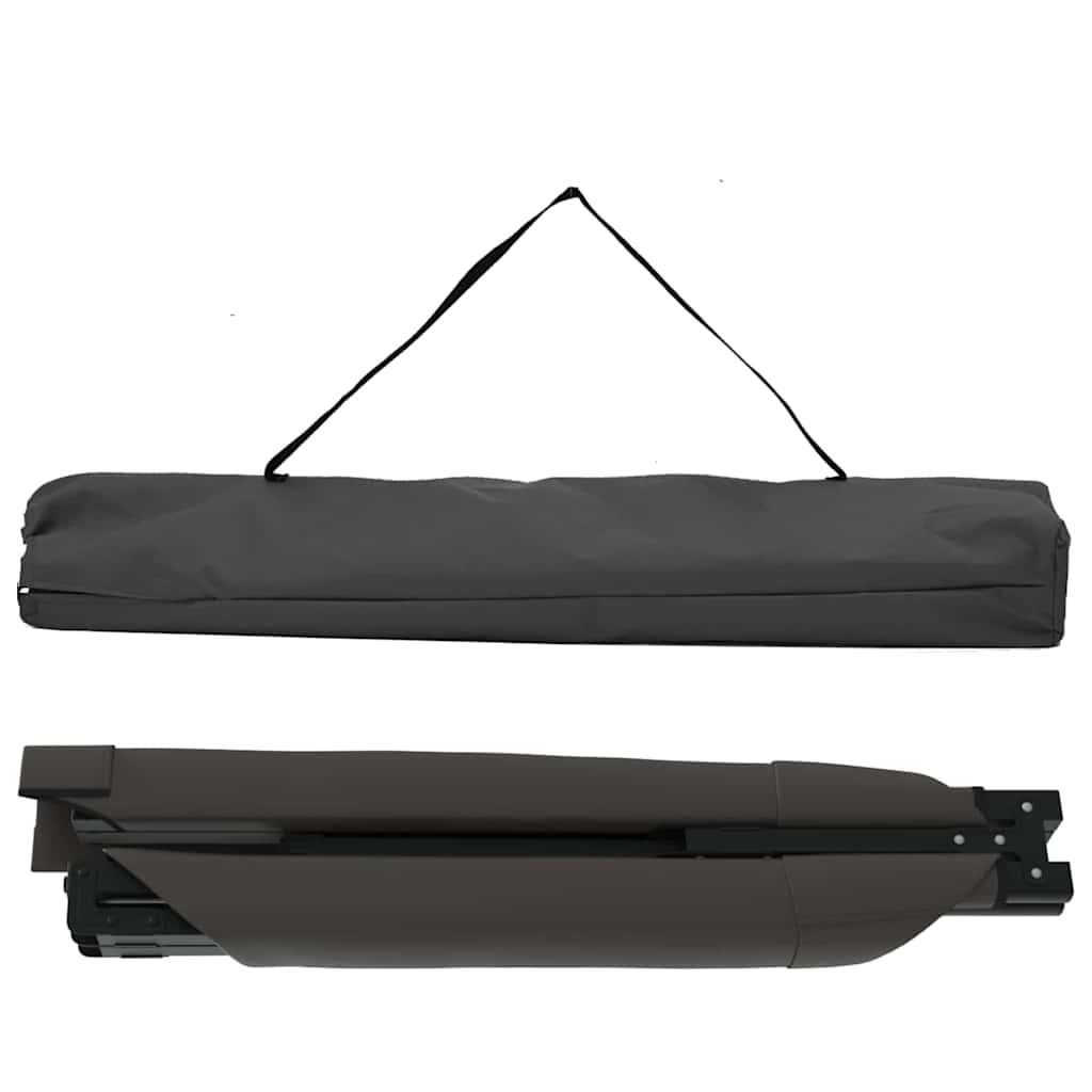 Zijaanzicht van het opvouwbare vidaXL campingbed, ingeklapt met draagriem.