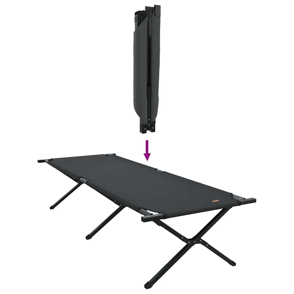 Detail van het opvouwbare vidaXL camping bed in zwart, met een zichtbare opvouwfunctie.
