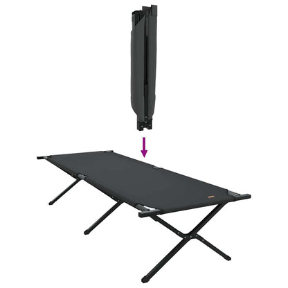 Detail van het opvouwbare vidaXL camping bed in zwart, met een zichtbare opvouwfunctie.