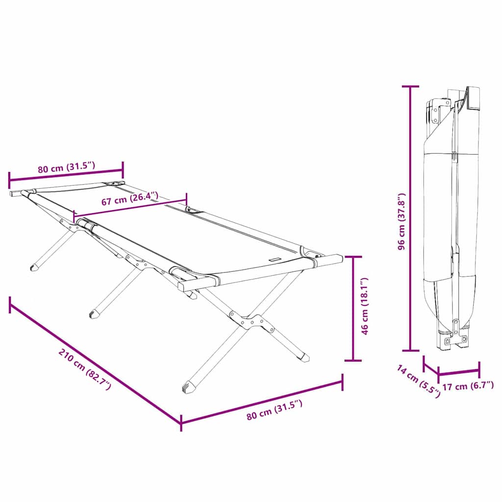 Detail van de afmetingen van het vidaXL opvouwbare campingbed in zwart Oxford stof.