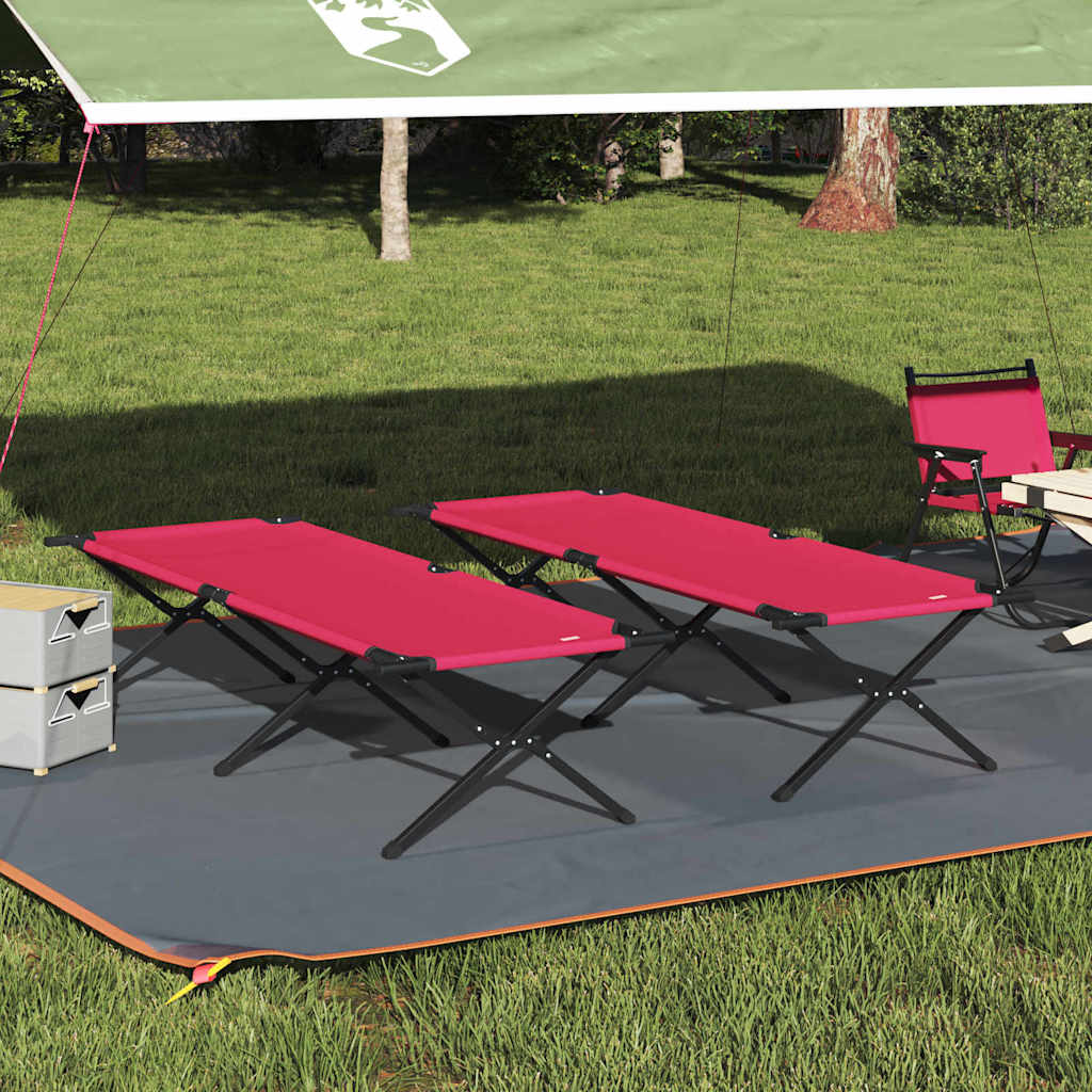 Rood vidaXL opvouwbaar campingbed met stevig frame, geplaatst onder een tent.