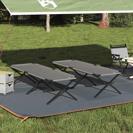 Opvouwbare vidaXL campingbedden in grijs, geplaatst onder een tent op gras.