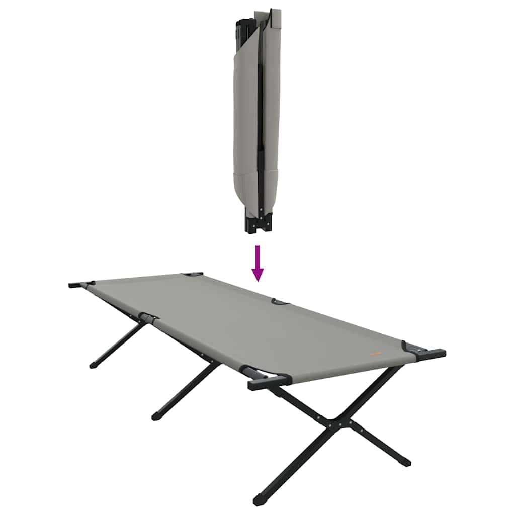 Detail van het opvouwbare vidaXL campingbed in grijs, zijaanzicht met ingeklapt frame.