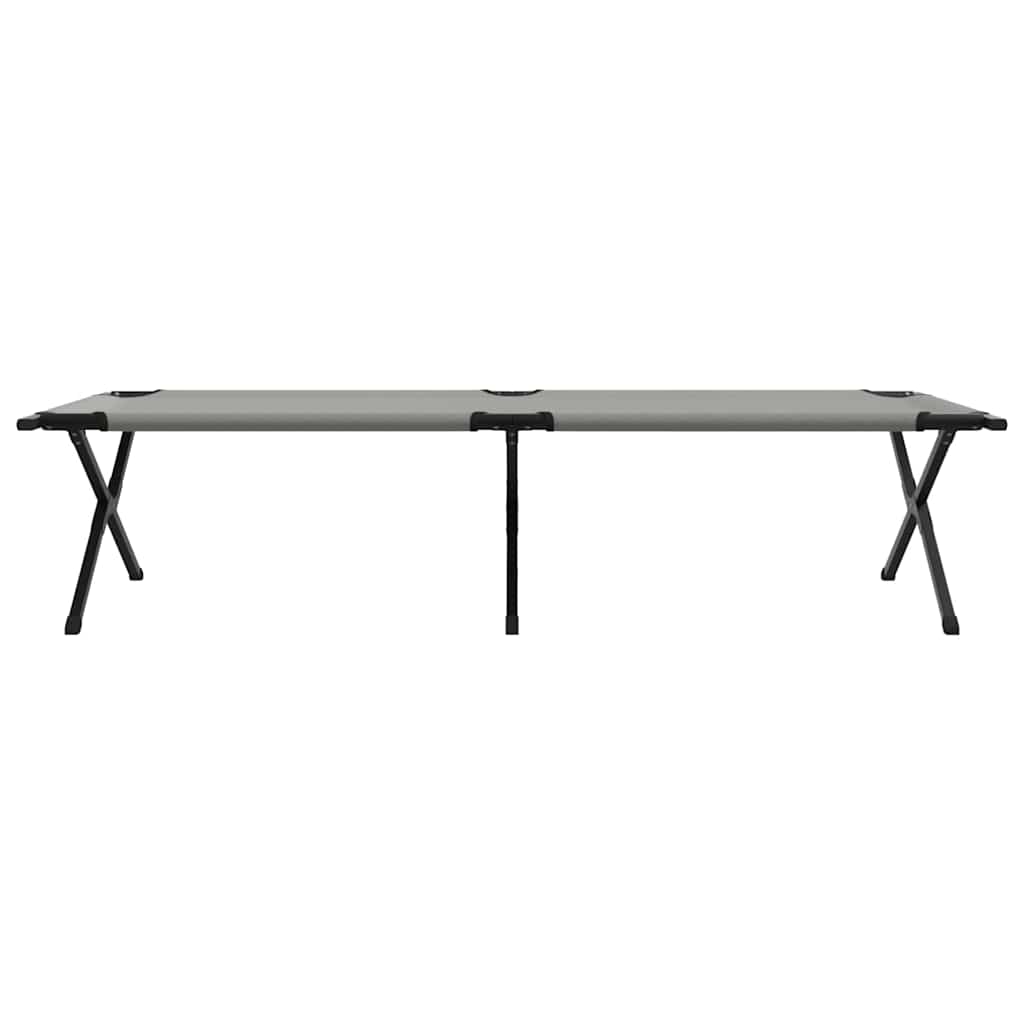 Zijaanzicht van het grijze vidaXL opvouwbare campingbed met stevig stalen frame.