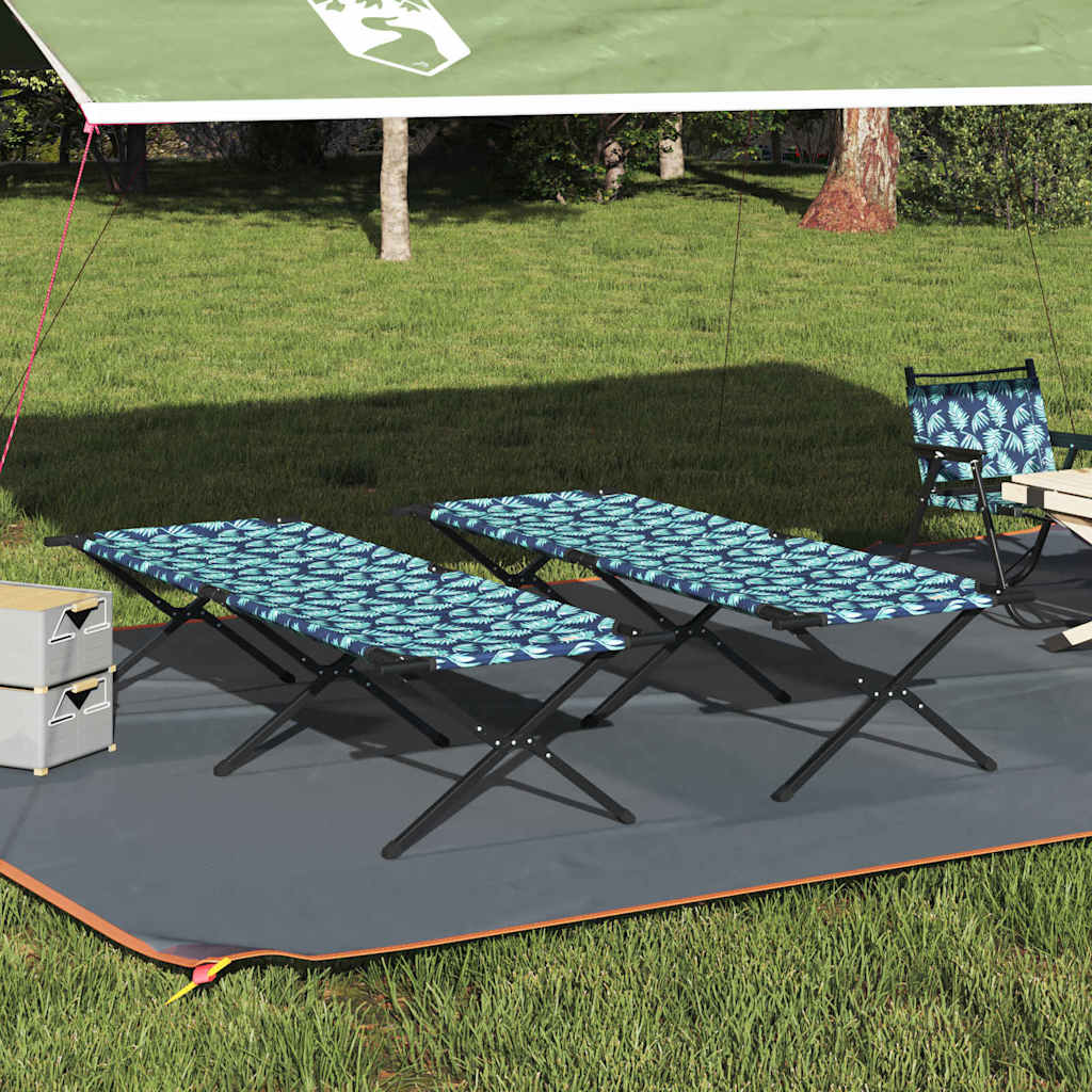 Opvouwbaar vidaXL camping bed in blauw met bladeren, geplaatst onder een luifel op gras.