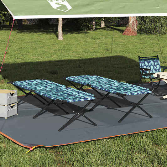 Opvouwbaar vidaXL camping bed in blauw met bladeren, geplaatst onder een luifel op gras.