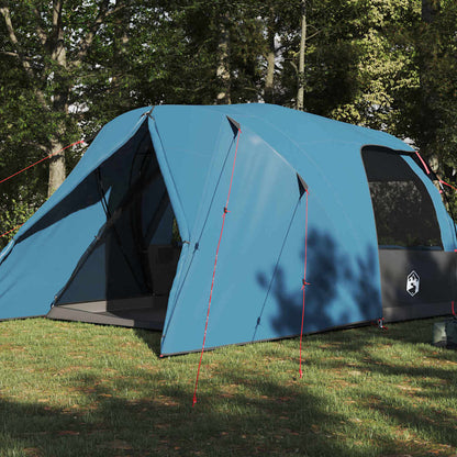 Zijaanzicht van de vidaXL Dome Tent 4-Person in blauw, met open ingangen en tentstokken.