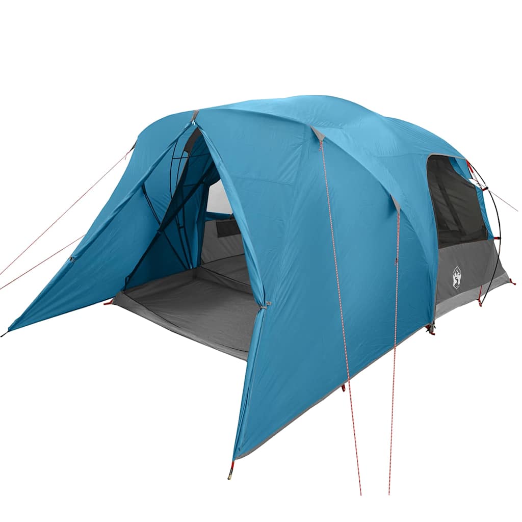 Zijaanzicht van de blauwe vidaXL Dome Tent 4-Person met open ingang en ventilatieroosters.