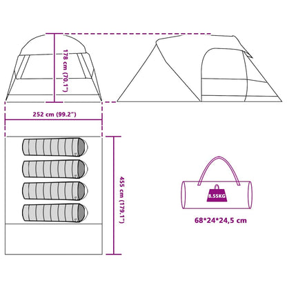 Detail van de vidaXL Dome Tent 4-Person met afmetingen en draagbare tas.