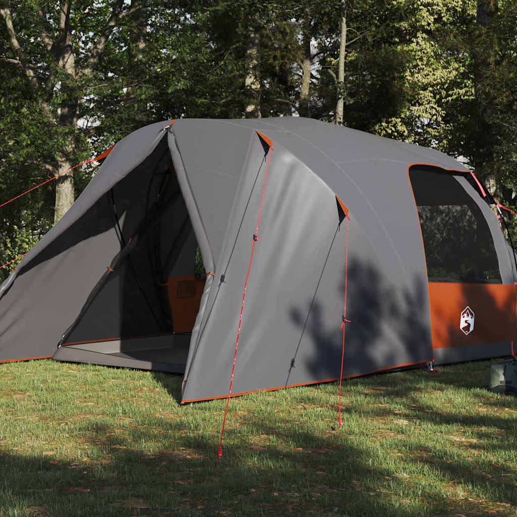 Detail van de grijze vidaXL Dome Tent met oranje accenten, zijaanzicht met open ingang.