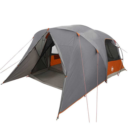 Detail van de vidaXL dome tent in grijs en oranje, met open ingang en waterdichte stof.