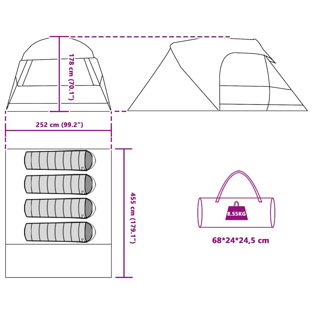 Detail van de vidaXL Dome Tent met afmetingen en opbergtas voor 4 personen.