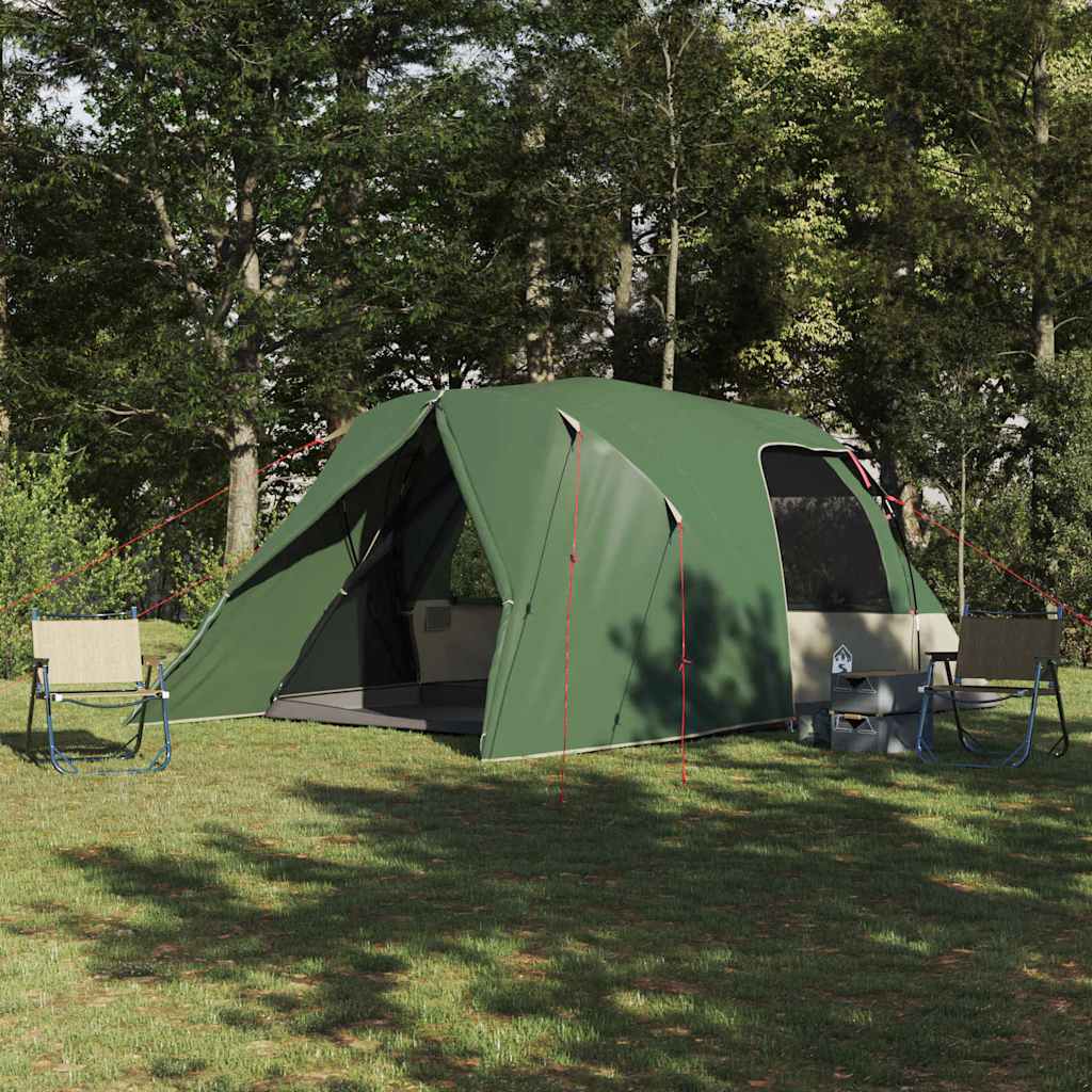 VidaXL 6-Person Dome Tent in groen, ruime opzet met open ingang en comfortabele zitplaatsen ernaast.