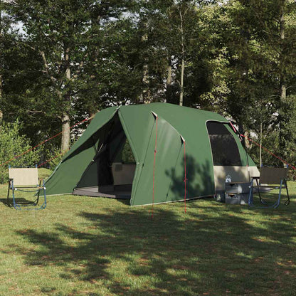 VidaXL 6-Person Dome Tent in groen, ruime opzet met open ingang en comfortabele zitplaatsen ernaast.