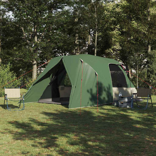 VidaXL 6-Person Dome Tent in groen, ruime opzet met open ingang en comfortabele zitplaatsen ernaast.