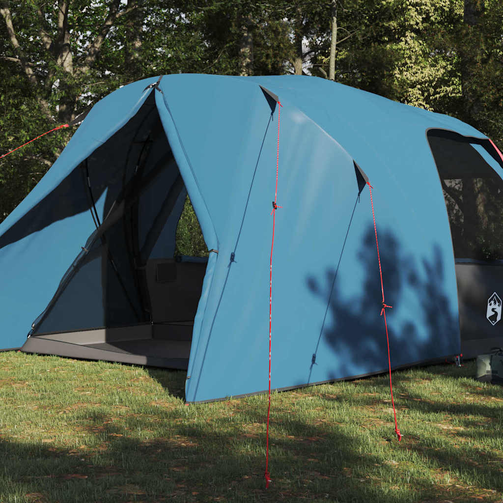Zijaanzicht van de blauwe vidaXL Dome Tent met open ingang en tentstokken.