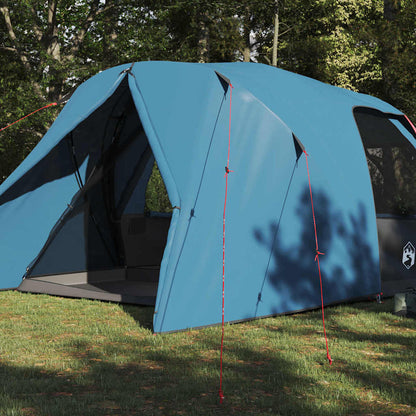 Zijaanzicht van de blauwe vidaXL Dome Tent met open ingang en tentstokken.