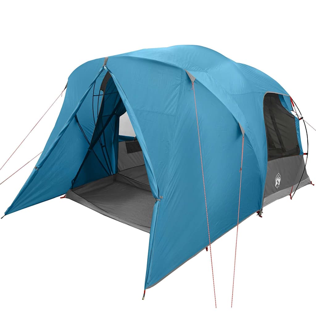 Zijaanzicht van de vidaXL Dome Tent in blauw met open ingangen en ventilatieroosters.