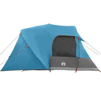 Zijaanzicht van de vidaXL 6-persoons dome tent in blauw met een grijze ingang.