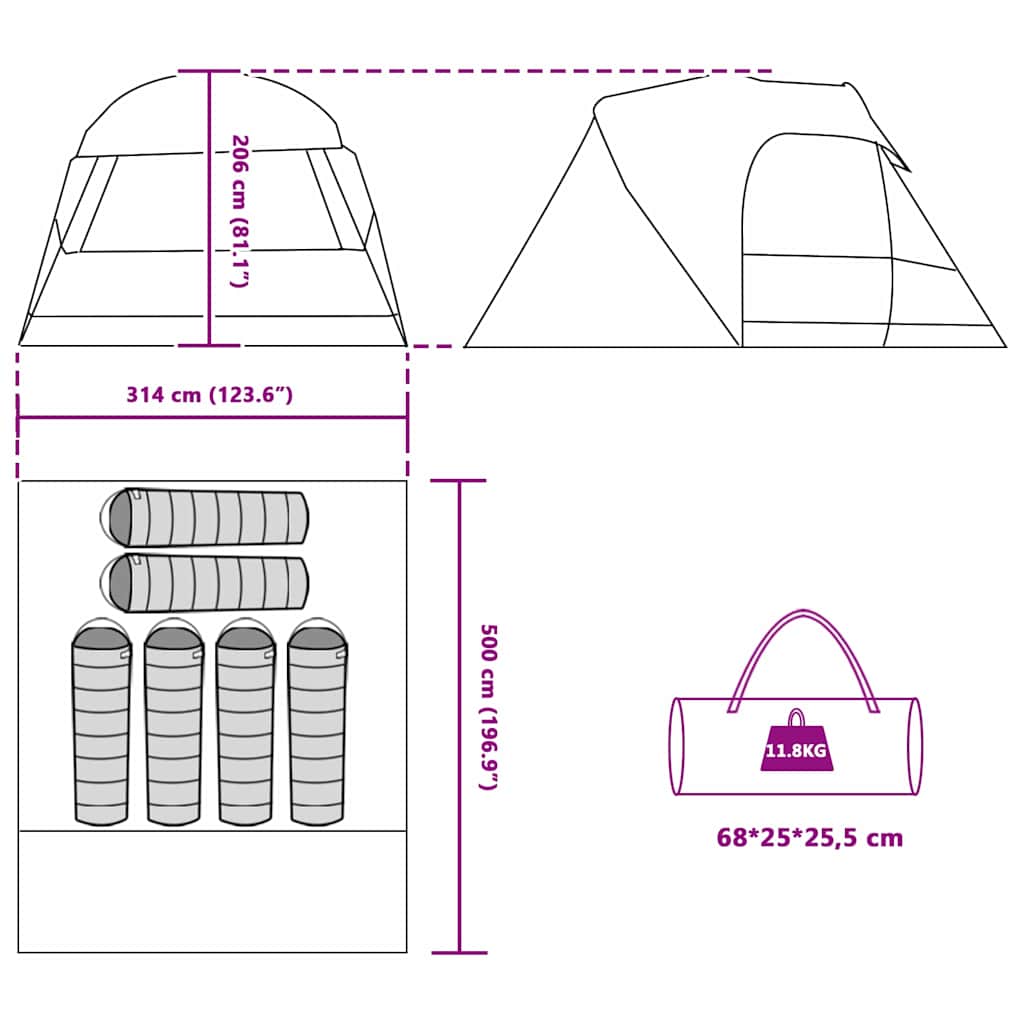 Detail van de afmetingen en opbergruimte van de vidaXL 6-persoons dome tent.