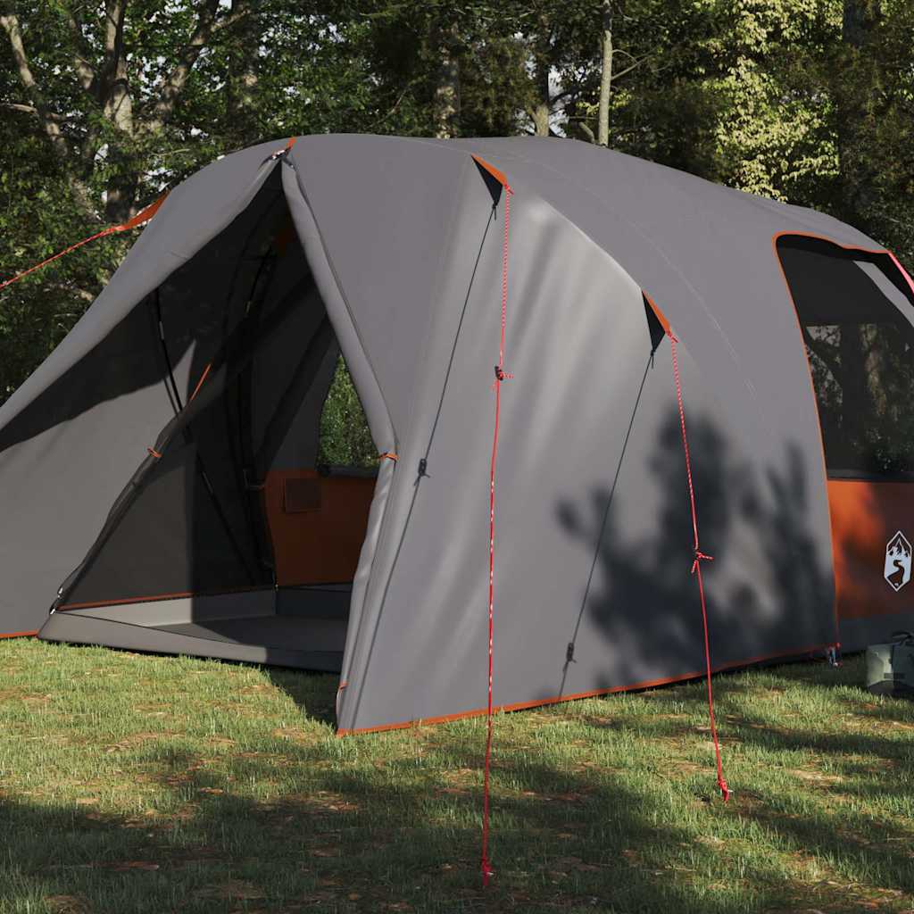 Zijaanzicht van de vidaXL 6-Person Dome Tent met grijze en oranje details.