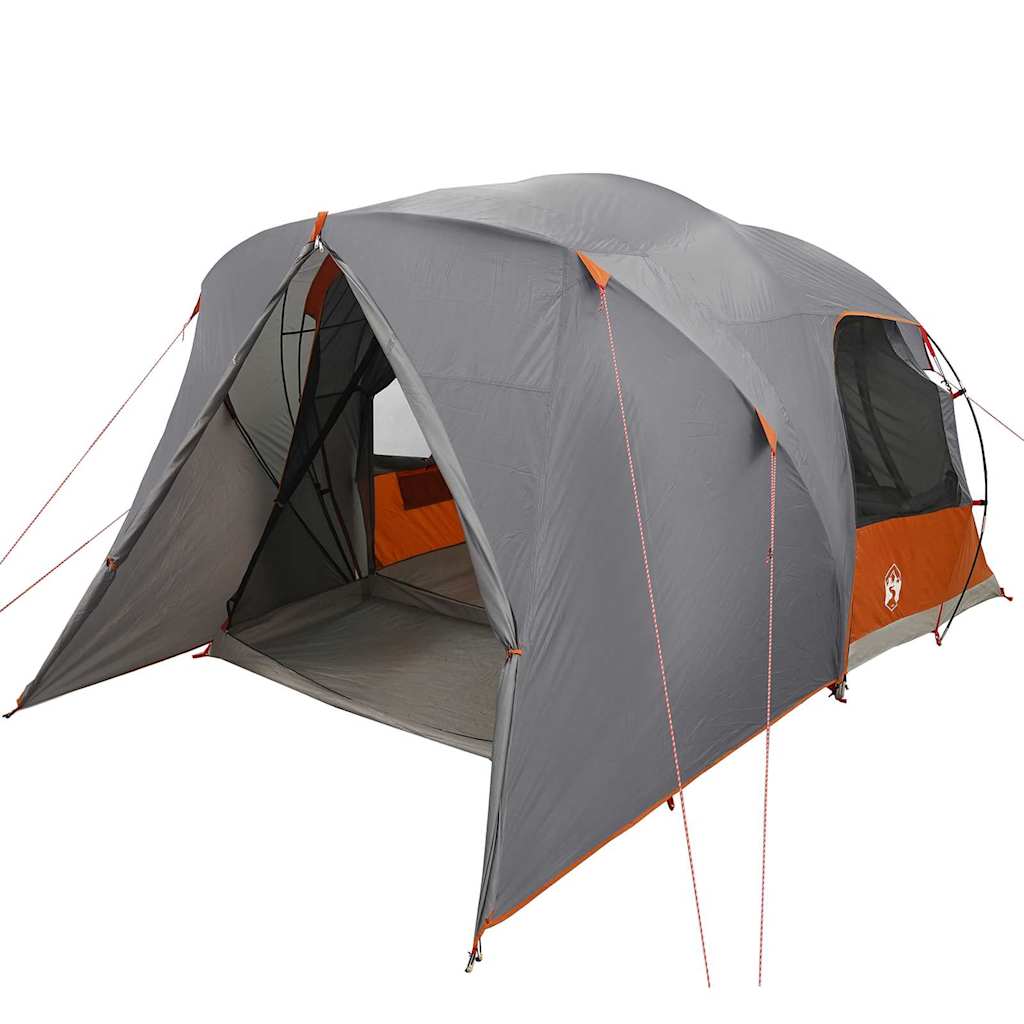 Zijaanzicht van de vidaXL 6-Person Dome Tent met grijze en oranje details.