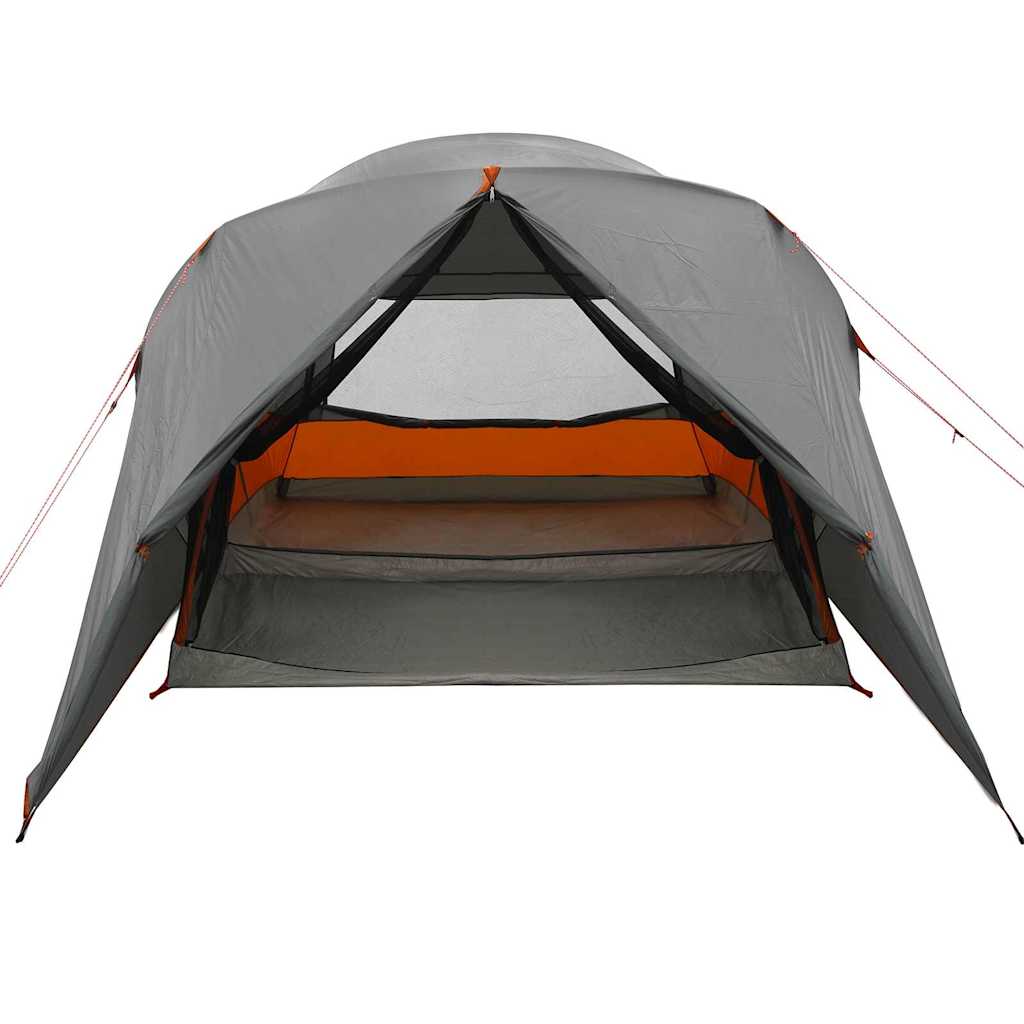 Detail van de vidaXL Dome Tent in grijs en oranje, met open ingang en ventilatierooster.