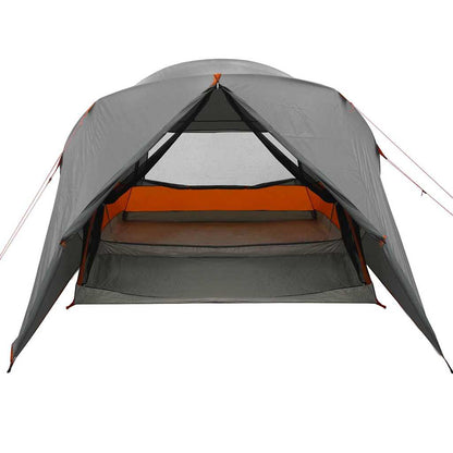 Detail van de vidaXL Dome Tent in grijs en oranje, met open ingang en ventilatierooster.