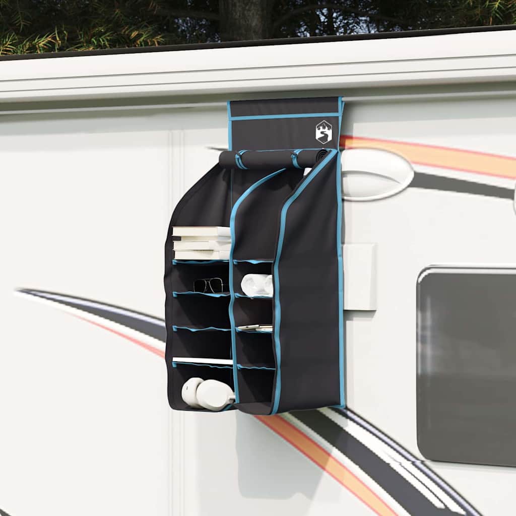 vidaXL Hangende Tent Organizer in zwart met 10 vakken, opgehangen aan een caravan.