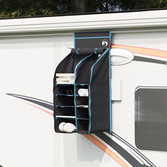 vidaXL Hangende Tent Organizer in zwart met 10 vakken, opgehangen aan een caravan.