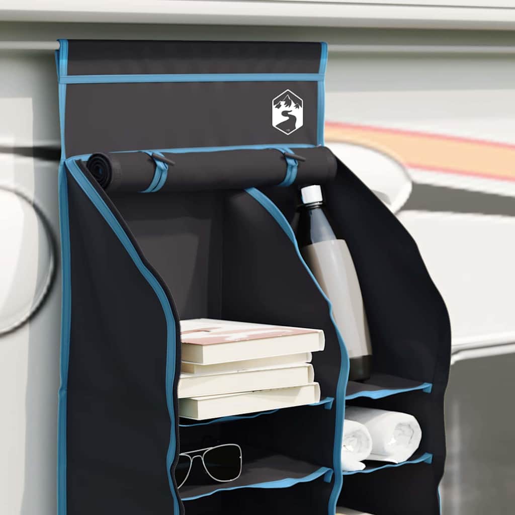 Detail van de vidaXL Hangende Tent Organizer met blauwe randen en verschillende opbergvakken.
