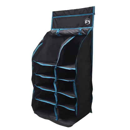 Detail van de vidaXL Hangende Tent Organizer met tien opbergvakken en blauwe randen.