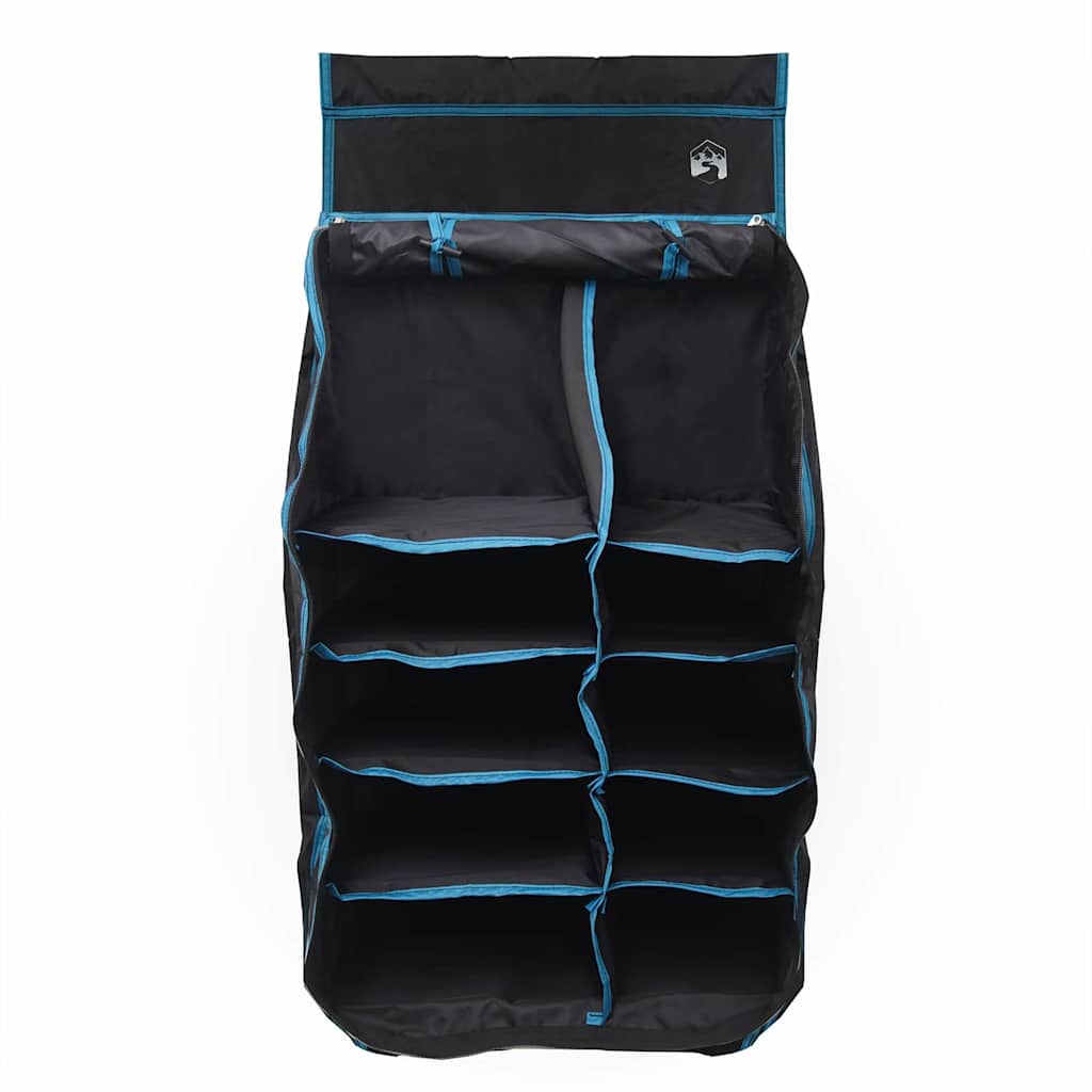 Detail van de vidaXL Hangende Tent Organizer met tien opbergvakken in zwart met blauwe randen.
