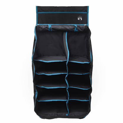 Detail van de vidaXL Hangende Tent Organizer met tien opbergvakken in zwart met blauwe randen.