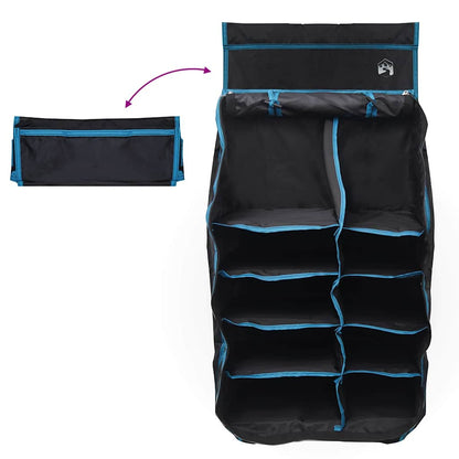 Detail van de vidaXL Hangende Tent Organizer met tien vakken en opvouwbare bovenkant.