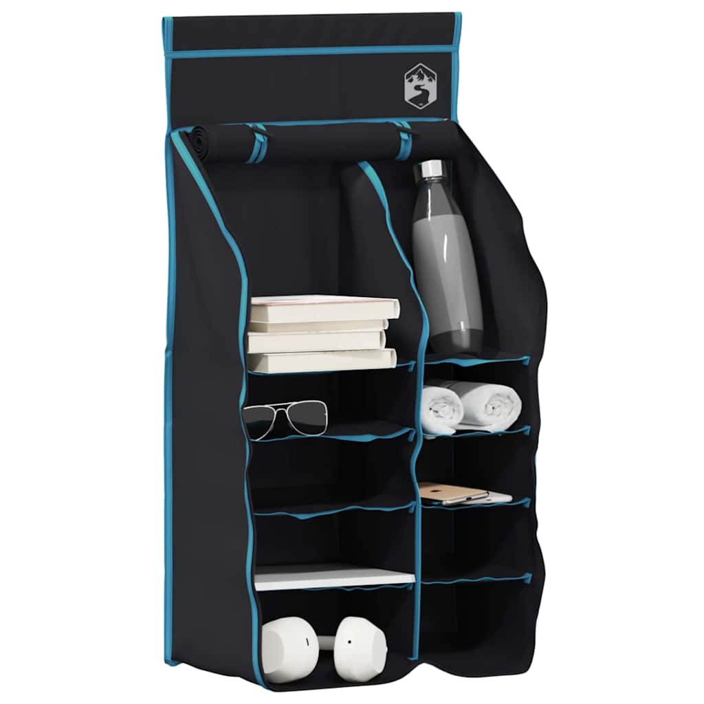 Detail van de vidaXL Hangende Tent Organizer met 10 vakken in zwart en blauw, ideaal voor het organiseren van kampeerspullen.