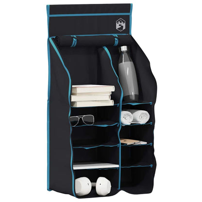 Detail van de vidaXL Hangende Tent Organizer met 10 vakken in zwart en blauw, ideaal voor het organiseren van kampeerspullen.
