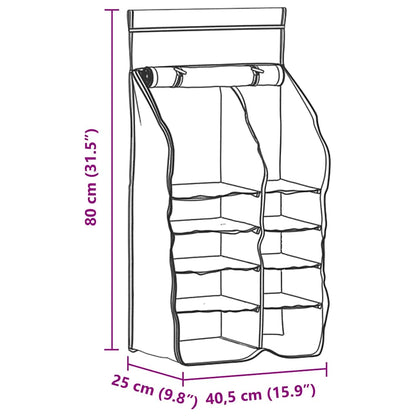 Detail van de vidaXL Hangende Tent Organizer met 10 vakken, zijaanzicht en afmetingen.