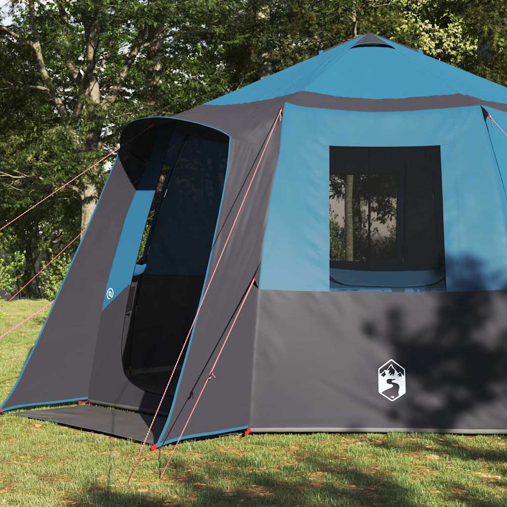 Detail van de vidaXL Cabin Tent in blauw en grijs, met zijaanzicht en ingangen zichtbaar.