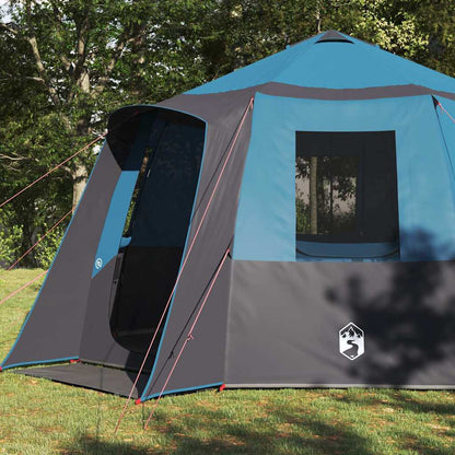 Detail van de vidaXL Cabin Tent in blauw en grijs, met zijaanzicht en ingangen zichtbaar.
