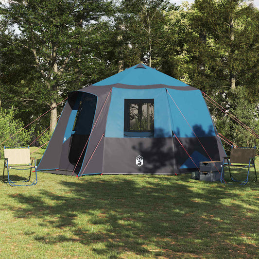 vidaXL Cabin Tent voor 12 personen in blauw en grijs, geplaatst in een groene omgeving.